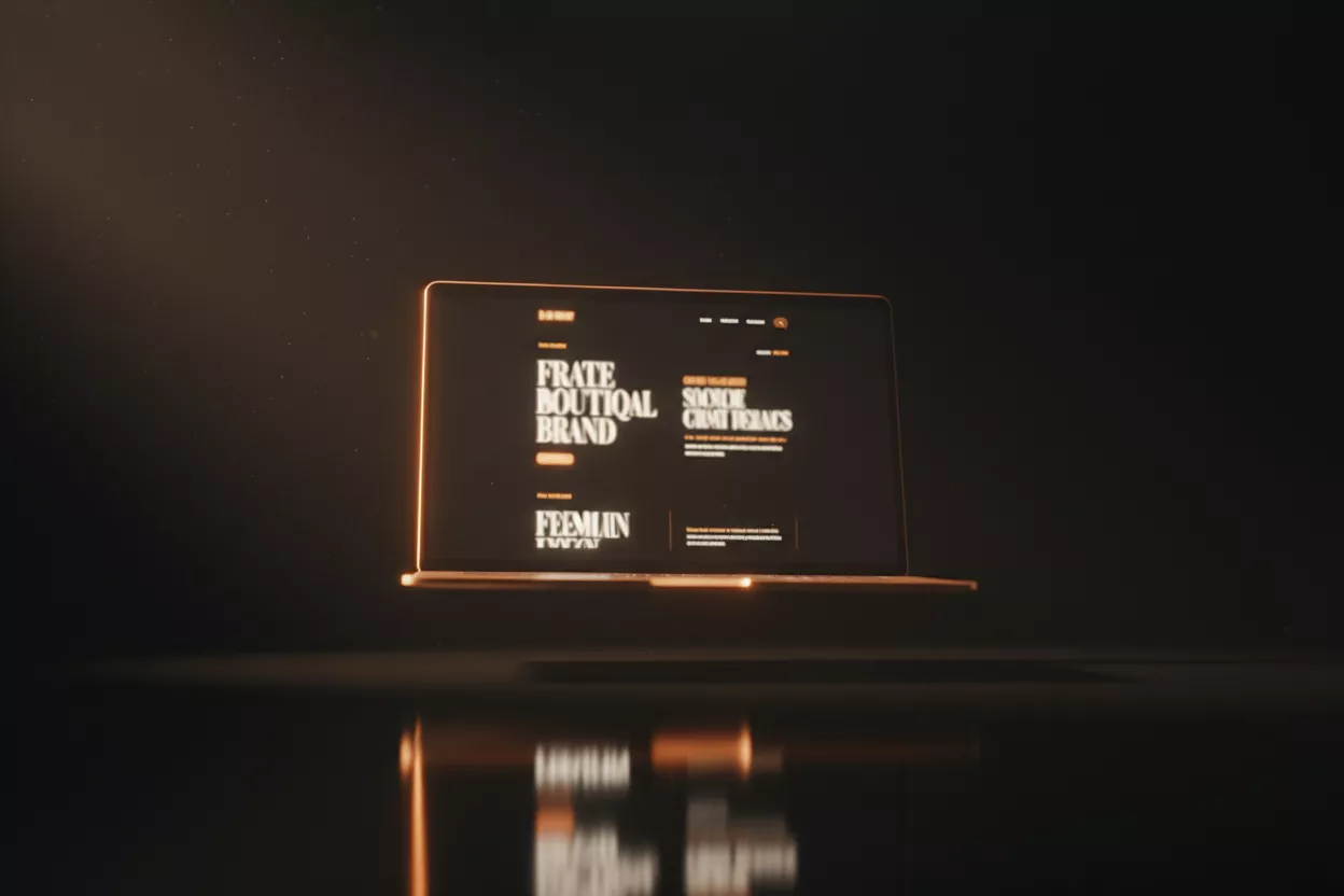 Site editorial premium exibido em laptop flutuante