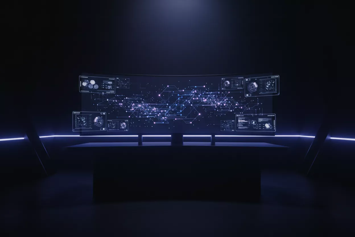 Painel de automação com IA em monitor ultrawide