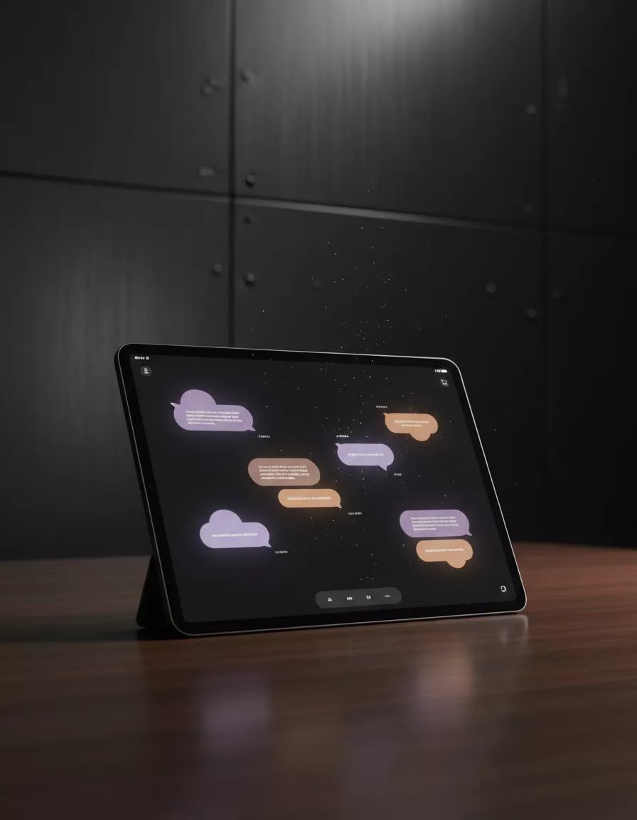 Assistente de IA em tablet com bolhas de conversa luminosas