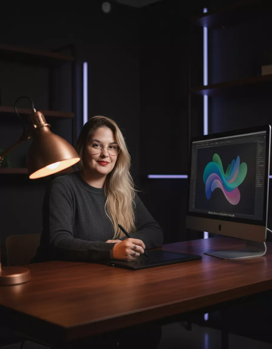Tatá Pereira trabalhando como designer gráfica em estúdio escuro, com mesa digitalizadora